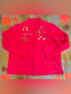 Breckenridge Womans Red Embroidered Cardigan Birds Size XL Grandmacore Vintage